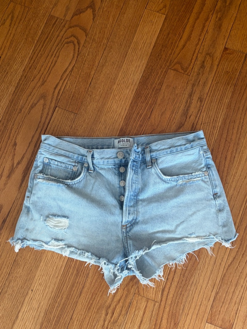 Agolde Light Blue Distressed High-Rise Denim‎ Shorts